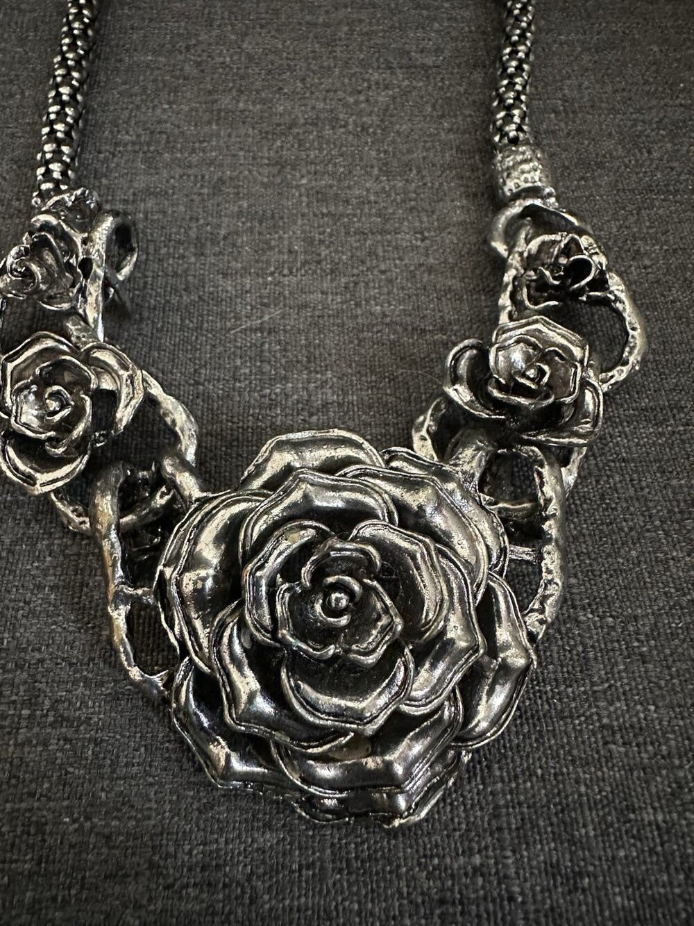 Silver Tone Large Rose Statement Necklace Floral Bib Chunky Antiqued